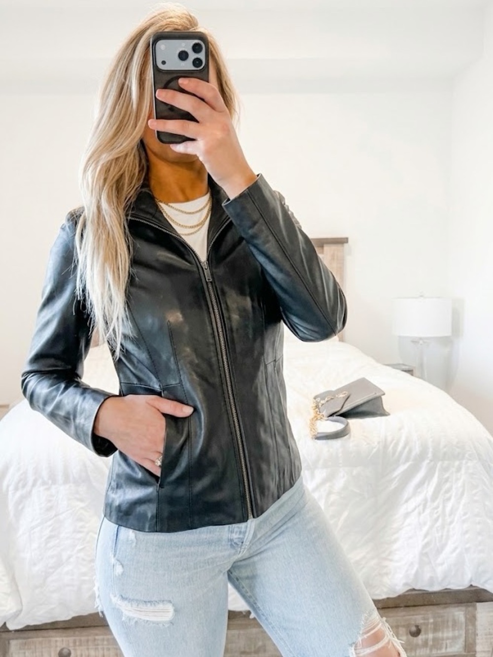 Kenneth Cole Womens Black Faux Leather Moto Jacket